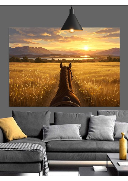 At ve Gün Batımı Tarla Manzarası Dekoratif Kanvas - Mdf Ahşap Tablo