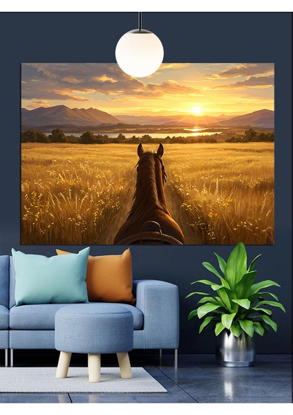 At ve Gün Batımı Tarla Manzarası Dekoratif Kanvas - Mdf Ahşap Tablo fırsatları