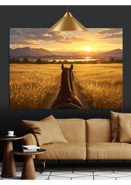 At ve Gün Batımı Tarla Manzarası Dekoratif Kanvas - Mdf Ahşap Tablo indirimleri