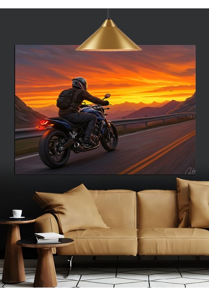 Motosikletli Yolcu Gün Batımına Gidiyor Dekoratif Kanvas - Mdf Ahşap Tablo modelleri