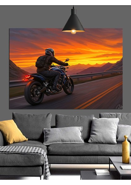 Motosikletli Yolcu Gün Batımına Gidiyor Dekoratif Kanvas - Mdf Ahşap Tablo fırsatları