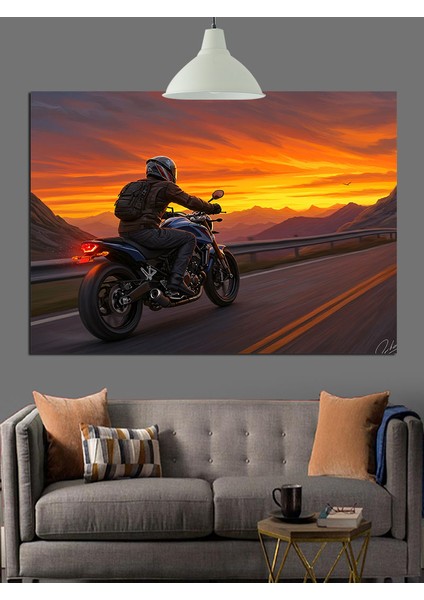Motosikletli Yolcu Gün Batımına Gidiyor Dekoratif Kanvas - Mdf Ahşap Tablo indirimleri