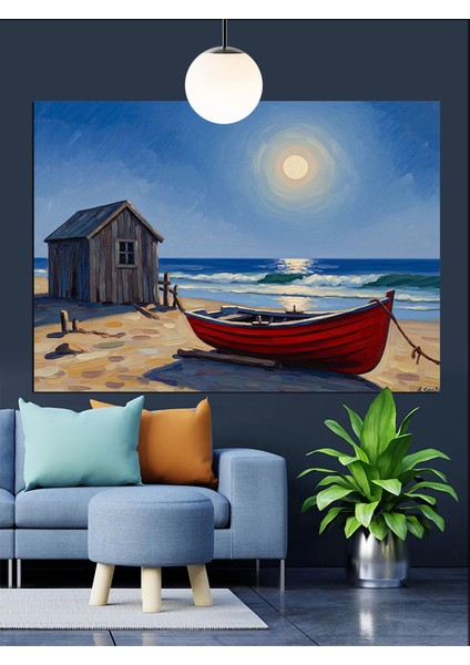 Kulübe Önünde Kırmızı Tekne Dekoratif Kanvas - Mdf Ahşap Tablo