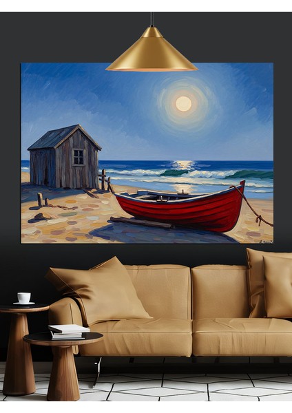 Kulübe Önünde Kırmızı Tekne Dekoratif Kanvas - Mdf Ahşap Tablo fiyatları