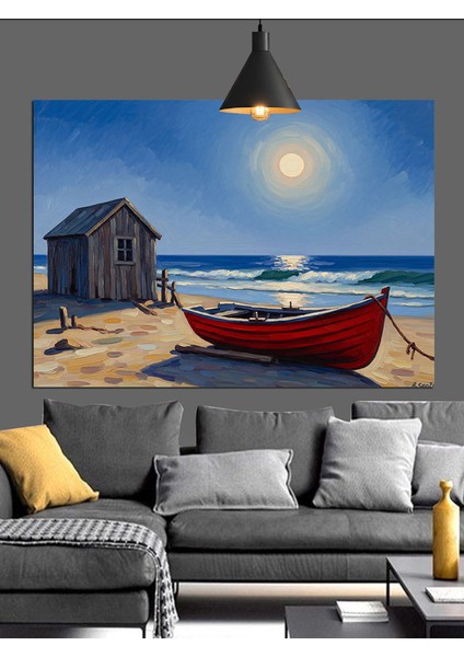 Kulübe Önünde Kırmızı Tekne Dekoratif Kanvas - Mdf Ahşap Tablo modelleri