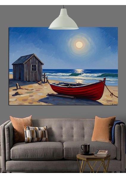 Kulübe Önünde Kırmızı Tekne Dekoratif Kanvas - Mdf Ahşap Tablo fırsatları