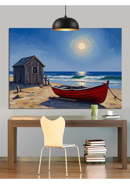 Kulübe Önünde Kırmızı Tekne Dekoratif Kanvas - Mdf Ahşap Tablo indirimleri