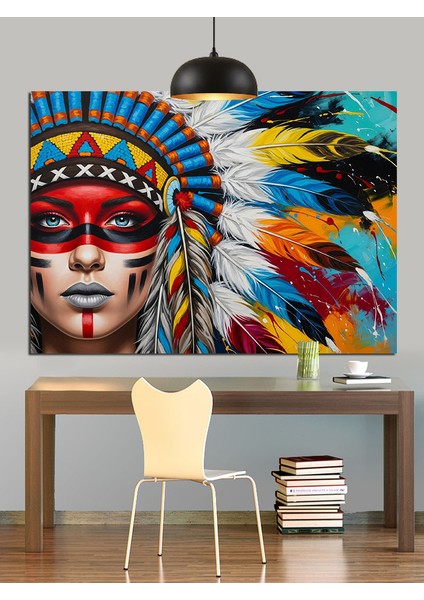 Kızılderili Şapkalı Kadın Portresi Dekoratif Kanvas - Mdf Ahşap Tablo modelleri