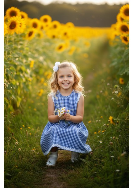 0003 - Kız Çocuk Mavi Pötikare Fistolu Elbise Beyaz Toka Takım fiyatları