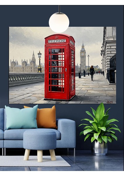 Londra Telefon Kulübesi ve Big Ben Dekoratif Kanvas - Mdf Ahşap Tablo