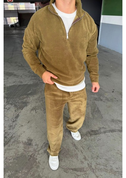 Oversize Fermuarlı Dik Yaka Baggy Pantolonlu Polar Takım