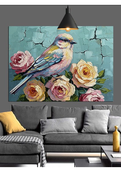 Güller Kuşlar Pastel Renkler Dekoratif Kanvas - Mdf Ahşap Tablo