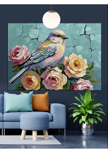 Güller Kuşlar Pastel Renkler Dekoratif Kanvas - Mdf Ahşap Tablo fırsatları