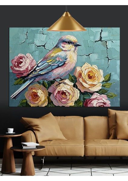 Güller Kuşlar Pastel Renkler Dekoratif Kanvas - Mdf Ahşap Tablo indirimleri