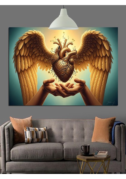 Kanatlı Kalp ve "sevgiyle Yaşa" Dekoratif Kanvas - Mdf Ahşap Tablo