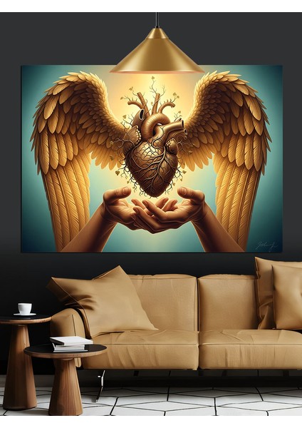 Kanatlı Kalp ve "sevgiyle Yaşa" Dekoratif Kanvas - Mdf Ahşap Tablo fırsatları