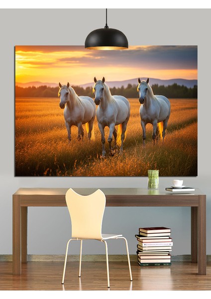 Beyaz Atlar Çayırda Koşuyor Dekoratif Kanvas - Mdf Ahşap Tablo
