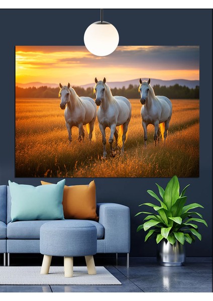 Beyaz Atlar Çayırda Koşuyor Dekoratif Kanvas - Mdf Ahşap Tablo fiyatları