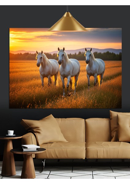 Beyaz Atlar Çayırda Koşuyor Dekoratif Kanvas - Mdf Ahşap Tablo modelleri