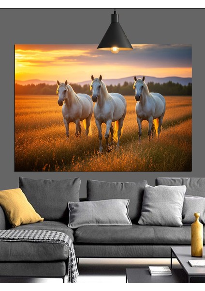 Beyaz Atlar Çayırda Koşuyor Dekoratif Kanvas - Mdf Ahşap Tablo fırsatları
