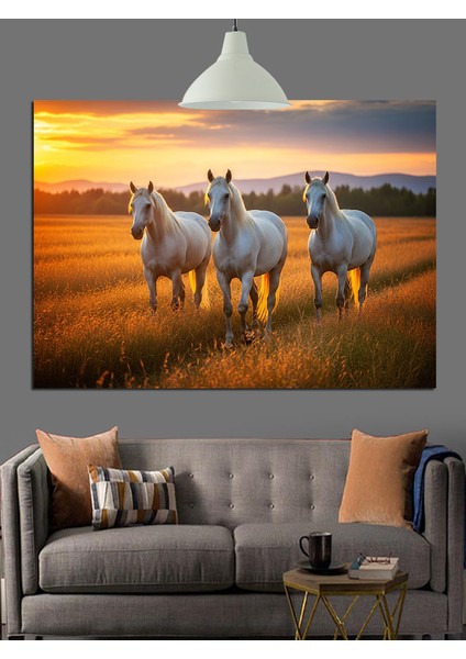 Beyaz Atlar Çayırda Koşuyor Dekoratif Kanvas - Mdf Ahşap Tablo indirimleri