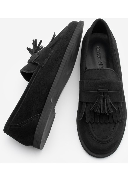 Kadın Loafer Püsküllü Günlük Ayakkabı Petlin Siyah Süet