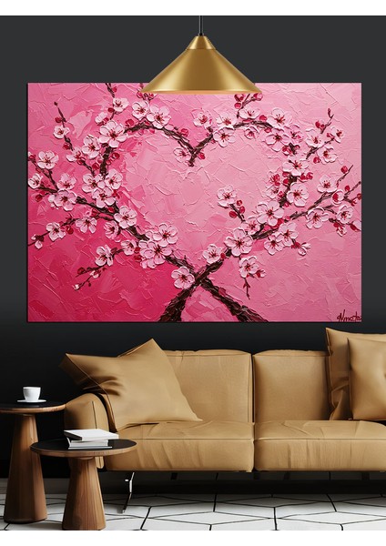 Pembe Çiçekli Kalp Şekli Dekoratif Kanvas - Mdf Ahşap Tablo