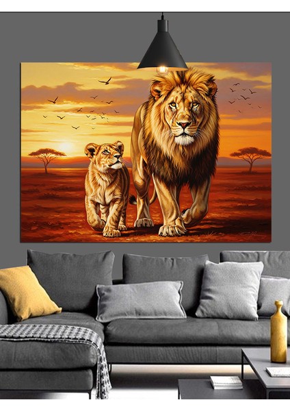 Aslan Ailesi Akşam Yürüyüşü Dekoratif Kanvas - Mdf Ahşap Tablo