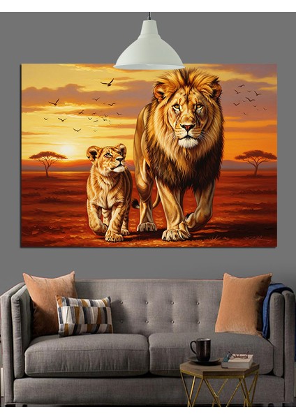 Aslan Ailesi Akşam Yürüyüşü Dekoratif Kanvas - Mdf Ahşap Tablo fiyatları