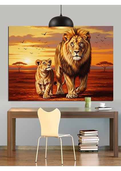 Aslan Ailesi Akşam Yürüyüşü Dekoratif Kanvas - Mdf Ahşap Tablo modelleri