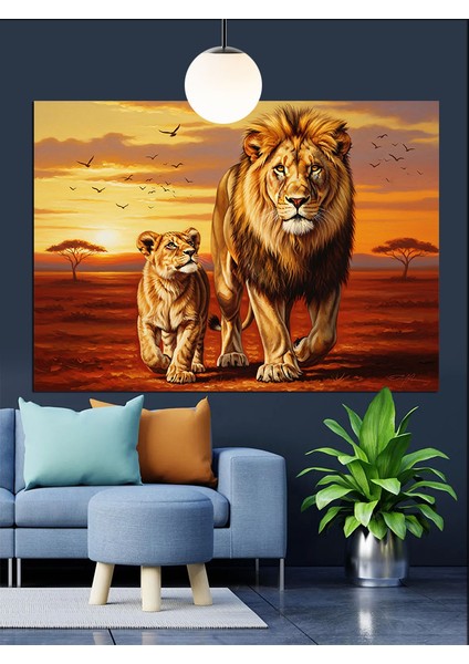 Aslan Ailesi Akşam Yürüyüşü Dekoratif Kanvas - Mdf Ahşap Tablo fırsatları