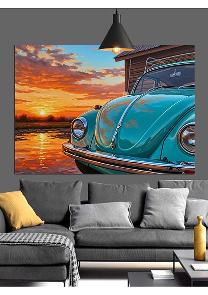Klasik Araba Mavi Günbatımı Dekoratif Kanvas - Mdf Ahşap Tablo