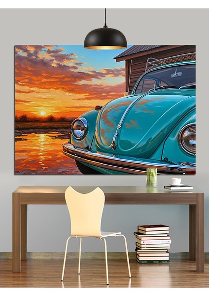 Klasik Araba Mavi Günbatımı Dekoratif Kanvas - Mdf Ahşap Tablo modelleri