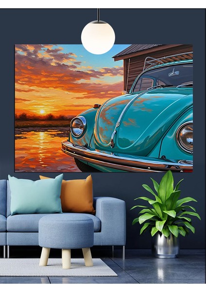 Klasik Araba Mavi Günbatımı Dekoratif Kanvas - Mdf Ahşap Tablo fırsatları