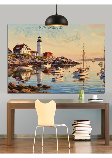 Liman Kasabası Tekne Manzarası Dekoratif Kanvas - Mdf Ahşap Tablo