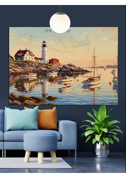 Liman Kasabası Tekne Manzarası Dekoratif Kanvas - Mdf Ahşap Tablo fiyatları