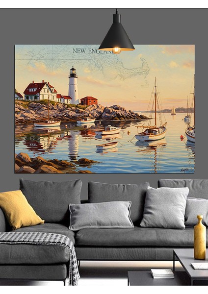 Liman Kasabası Tekne Manzarası Dekoratif Kanvas - Mdf Ahşap Tablo fırsatları