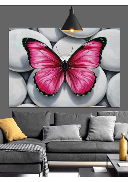 Taşlar Üzerinde Pembe Kelebek Dekoratif Kanvas - Mdf Ahşap Tablo