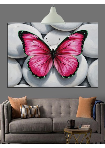 Taşlar Üzerinde Pembe Kelebek Dekoratif Kanvas - Mdf Ahşap Tablo fiyatları