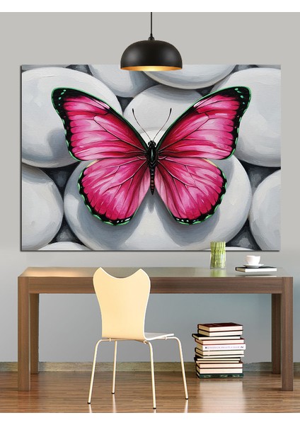 Taşlar Üzerinde Pembe Kelebek Dekoratif Kanvas - Mdf Ahşap Tablo modelleri