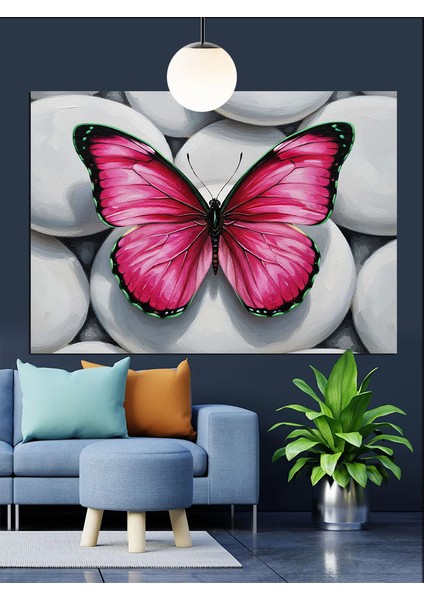 Taşlar Üzerinde Pembe Kelebek Dekoratif Kanvas - Mdf Ahşap Tablo fırsatları