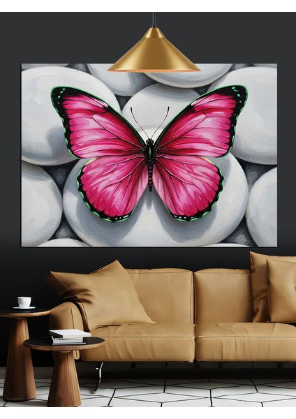 Taşlar Üzerinde Pembe Kelebek Dekoratif Kanvas - Mdf Ahşap Tablo indirimleri