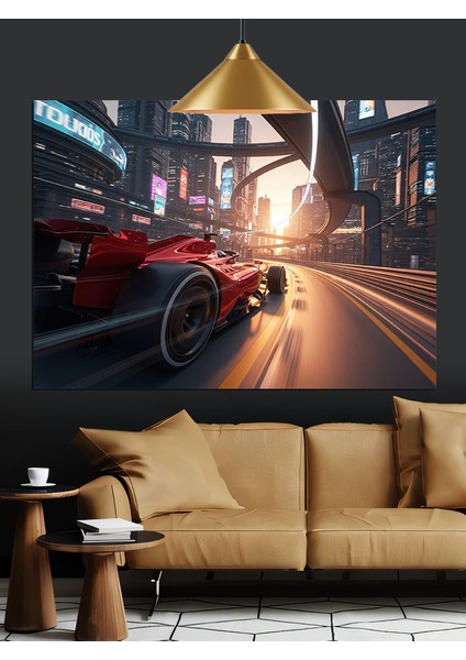 Kırmızı Spor Araba Günbatımı Dekoratif Kanvas - Mdf Ahşap Tablo