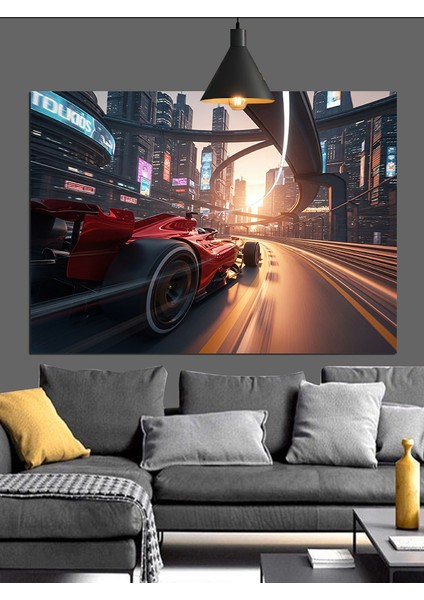 Kırmızı Spor Araba Günbatımı Dekoratif Kanvas - Mdf Ahşap Tablo fiyatları