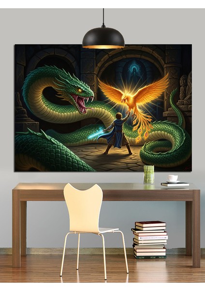 Yeşil Ejderha Karanlık Sanat Dekoratif Kanvas - Mdf Ahşap Tablo