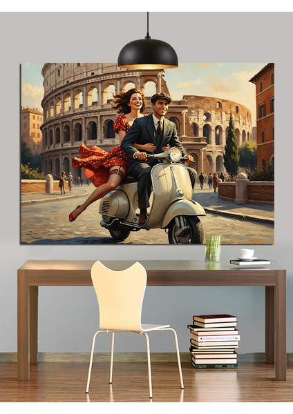 Italya'da Motosikletli Çift Figürü Dekoratif Kanvas - Mdf Ahşap Tablo