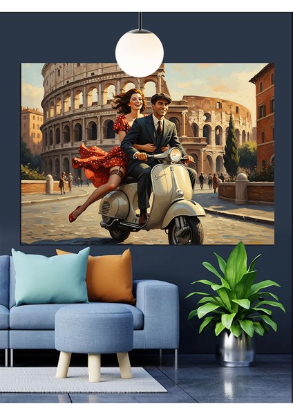 Italya'da Motosikletli Çift Figürü Dekoratif Kanvas - Mdf Ahşap Tablo fiyatları