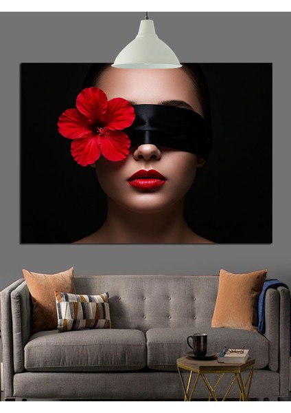 Kırmızı Çiçekli, Gözleri Bağlı Kadın Dekoratif Kanvas - Mdf Ahşap Tablo
