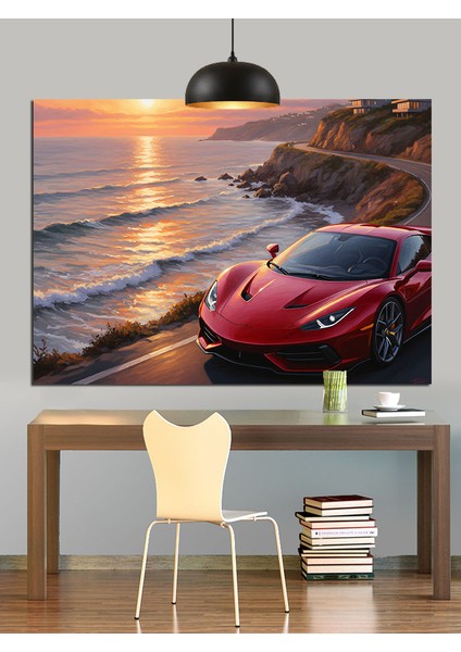 Kırmızı Spor Araba Gün Batımı Dekoratif Kanvas - Mdf Ahşap Tablo fiyatları