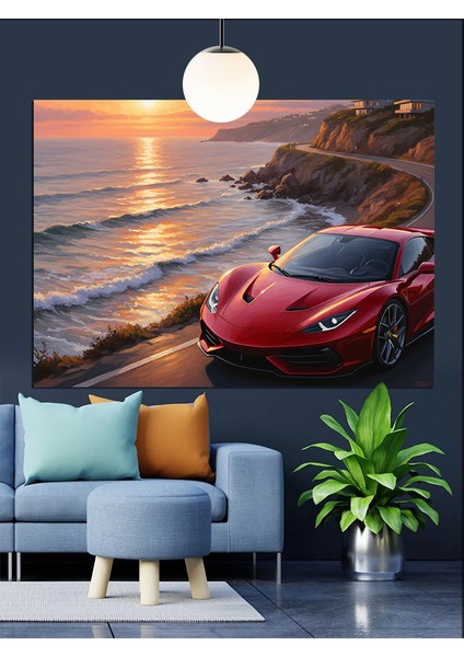 Kırmızı Spor Araba Gün Batımı Dekoratif Kanvas - Mdf Ahşap Tablo modelleri